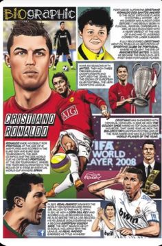 an article in the newspaper with pictures of soccer players and their names, including cristiano ronald