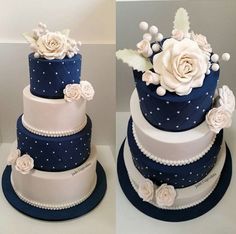 two pictures of a three tiered cake with white flowers on top and blue ribbon around the edges