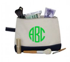 "Monogrammed makeup bag! What a cute accessory! Our monogram make up bags will carry everything you need! This make up bag would also make a great bridesmaid gift for the girls in your wedding party! My kids even love using this bag as their pencil case at school...it's the a perfect size! Our canvas make up bag is made from high quality canvas and is 7\"Hx11\"Wx3\"D. PLEASE READ CAREFULLY BEFORE PLACING YOUR ORDER Traditional initial placement for monogramming is First name initial, LAST name i Makeup Canvas, Monogrammed Makeup Bags, Personalized Cosmetic Bags, Make Up Case, Make Up Bags, Canvas Makeup Bag, Vintage Style Art, Etsy Bridesmaid Gifts, Monogram Bag