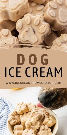 a dog eating ice cream out of a bowl with the words dog ice cream above it