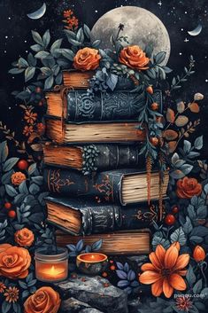 a painting of books and flowers on top of each other with the moon in the background