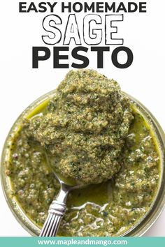 homemade sage pesto in a glass bowl with a spoon on the side and text overlay