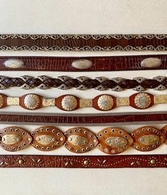 Vintage Concho Belt CHOOSE ONE, Brighton Double S Morocco Old trend, Western Leather Silver studs slides 32 34 36  M L XL  ....CHOOSE ONE (of 5) Vintage Belts:  Genuine Leather, Vegan, metal Concho, studs  1) Brighton buckle stay Brown, scrolled slides, 37x 1 1/4", 5 holes30.5-34.5, size M, $68 2) Roundtree York Silver Buckle stays tip, Brown Leather, Silver stamped oval concho, 38x 1 1/4", 5 holes: 31,5-35.5", size 32, $88 3) Silver buckle stay, Brown braided Leather, silver floral slides, 40x Double S, Concho Belt, Western Leather, Vintage Belts, Brown Silver, Suspender Belt, Leather Silver, Braided Leather, Silver Studs