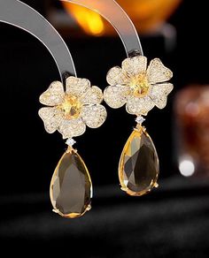 Beautiful Yellow Dangle drop earrings Water Drop Earrings, Dazzling Earrings, Flower Water, Luxury Earrings, Wedding Bridal Jewellery, Silver Accessories, Water Drop, Flower Earrings, Earrings For Women