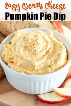 an easy cream cheese pumpkin pie dip in a white bowl