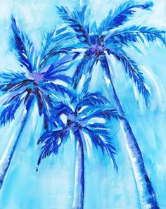 two blue palm trees are shown in this acrylic painting