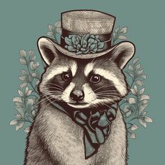 a raccoon wearing a top hat and bow tie with flowers on the side