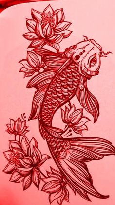 an open book with a drawing of a koi fish and flowers on the cover