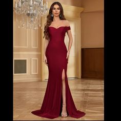 Lace Up Off Shoulder Dress, Elegant Split Floor Length Dress For Party & Banquet, Women's Clothing Red Silky Dress Long, Maroon Dress Accessories, Red Long Dress Elegant, Long Dark Red Dress, Marine Corps Ball Dresses, Burgundy Dress Formal, Dark Red Prom Dresses, Red Gala Dresses, Crimson Red Dress