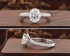 two views of an engagement ring with diamonds