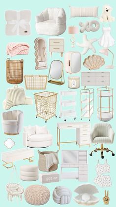 a collage of white furniture and accessories on a light blue background with gold accents