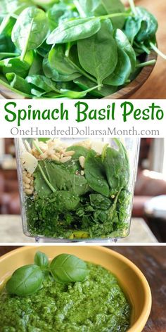 spinach basil pesto in a yellow bowl and on top of a wooden table