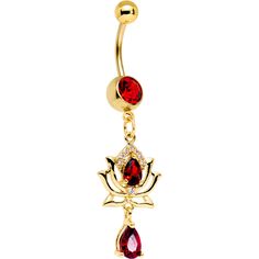 a gold plated belly ring with red stones