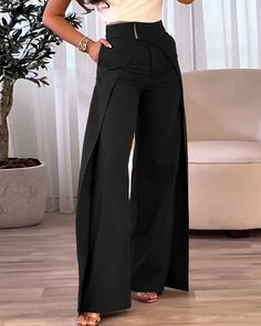 Fashion Women's Casual High Waist Overlap Asymmetric Elegant Solid Color Wide Leg Pants Pant Trousers Women Outfit, Trousers Women Outfit, Pant Trousers Women, Bar Outfit, Black Wide Leg Trousers, Family Picture Outfits, Casual Bottoms, Estilo Chic