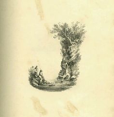 an old book with a drawing of two people on a boat in the water next to a tree