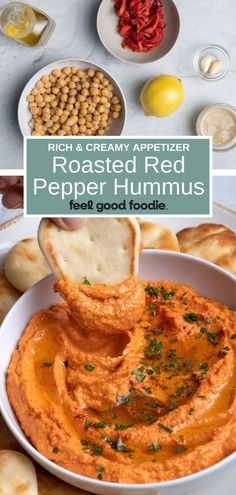 roasted red pepper hummus in a bowl with pita bread