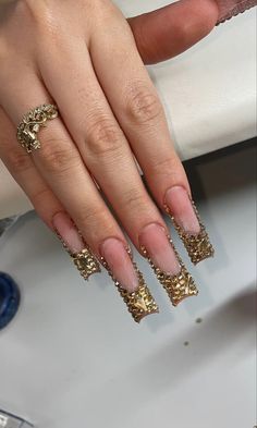 Good Rhinestone Nails, Gold French Tip Nails With Gems, Gold Diamond French Tip Nails, Gold Blinged Out Nails, Acrylic Nails With Gold Rhinestones, Gold Rhinestone French Tip Nails, Rhinestone Gold Nails, Blinged Out French Tip Nails, Gold Diamond Nails