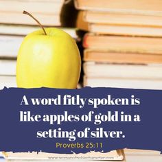 an apple sitting on top of a pile of books with a bible verse above it