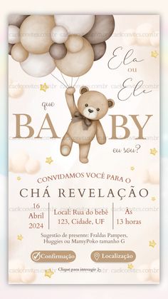 a baby shower with a teddy bear holding balloons