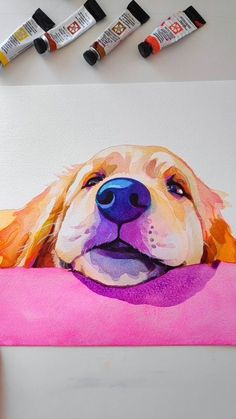 a drawing of a dog laying on top of a pink pillow with markers next to it