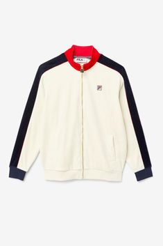 Cima Men's Velour Zip Up Jacket | Fila Retro White Cotton Track Jacket, Retro Cotton Track Jacket For Winter, White Cotton Track Jacket For Fall, Retro White Outerwear With Ribbed Cuffs, Hip Hop Jacket, Velour Jacket, Fila Vintage, Adidas Shoes Mens, Adidas Outfit