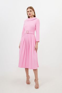 Tailored Structured Crepe Roll Neck Pleated Midi Dress Pink Classy Dress, Midi Wedding Dresses, Build Wardrobe, Grace Rose, Wedding Guest Outfit Winter, Spring Wedding Guest Dress, Ibiza Outfits, Modest Dress, Royal Outfits