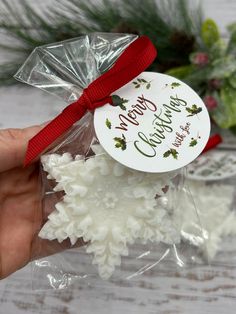 a hand holding a bag of white snow flakes with a red ribbon around it