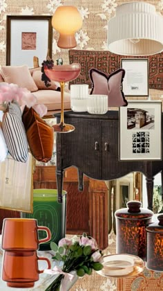 a collage of furniture and decor with flowers in vases on the side table