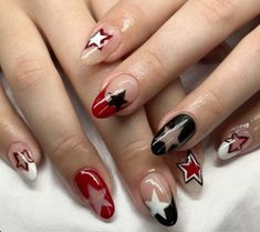 #nails #stars #cool #red #black #white #naildesign Stars Nails, Star Nails, Funky Nails, Pretty Acrylic Nails, Short Acrylic Nails, Best Acrylic Nails