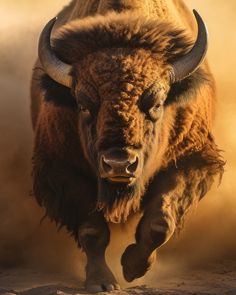 a bison running in the desert with dust behind it's back legs and large horns