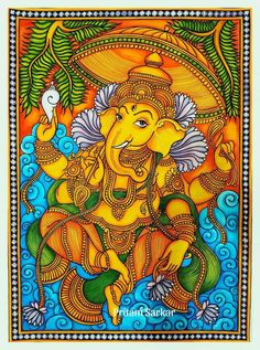 Ganesha Kalamkari Painting, Ganapathy Mural Paintings, Madhubani Art Shiva, Ganapati Mural Painting, Indian Traditional Paintings Folk Art, Ganpati Bappa Painting Ideas, Ganesh Mural Painting, Kalamezhuthu Art, Kerala Mural Ganesha