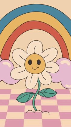 a cartoon flower with a rainbow in the background