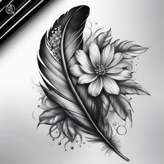 a black and white drawing of a feather with flowers on the side, next to a pen