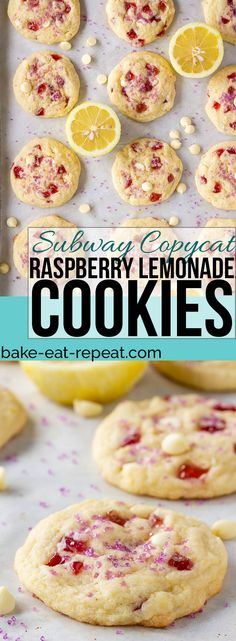 raspberry lemonade cookies on a baking sheet with the title text overlay