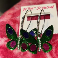 Super Cute Butterfly Earrings From Betsey Johnson. Rhinestones For Glam. Nwt Purple Hoop Earrings For Party, Purple Pink Color, Cute Butterfly, Earrings Green, Betsey Johnson Jewelry, Marc Fisher, Butterfly Earrings, Dream Jewelry, Heel Boots