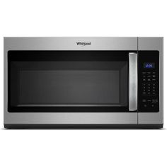 a stainless steel microwave oven with its door open and the words whirlpool on it