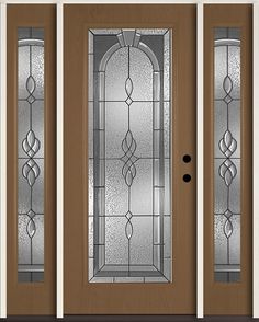 a double door with glass panels on the front and side doors, both in dark brown