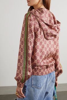 GUCCI Metallic webbing-trimmed printed silk-twill hoodie | NET-A-PORTER Elegant Gucci Button-up Blouse, Gucci Luxury Crew Neck Sweatshirt, Luxury Gucci Sweatshirt With Logo Detail, Gucci Hoodie Dress, Luxury Gucci Sweatshirt With Logo Print, Gucci Ready To Wear 2022, Luxury Long Sleeve Sweatshirt With Appliqué Logo, Gucci Fall 2020 Ready To Wear, Gucci Luxury Sweatshirt With Embroidered Logo