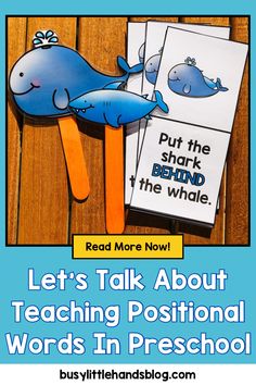 an image of a blue whale with the words let's talk about teaching positional words in preschool