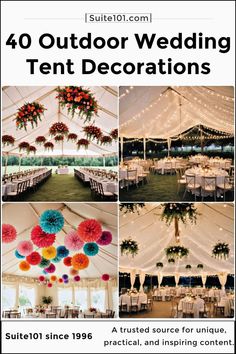 an outdoor wedding tent decorated with flowers and pom poms for the ceiling is featured in this article