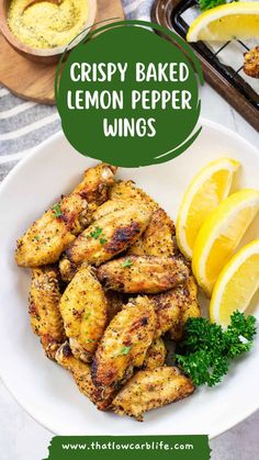 crispy baked lemon pepper wings on a white plate