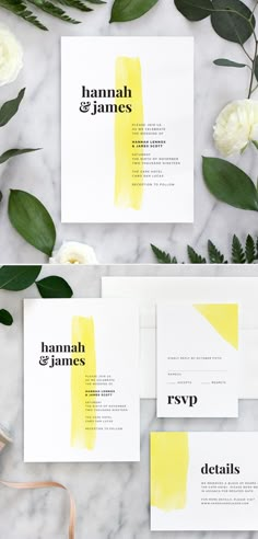 wedding stationery with yellow watercolor paint and greenery on the side, along with matching envelopes