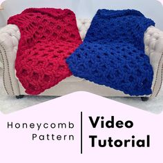 two crocheted blankets sitting on top of a couch with the text, honeymoon pattern video