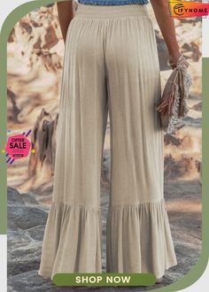 Khaki Smocked High Waist Ruffled Wide Leg Pants Leg Pants, Wide Leg Pants, Smocking, High Waist, Wide Leg, On Sale, High Waisted, Free Shipping, Pants