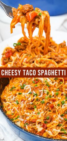 a close up of spaghetti being lifted from a skillet with the words cheesy taco spaghetti above it