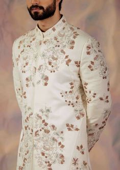 Featuring white hand embroidered sherwani set with an organza base, zardozi and aari technique. Paired with double border stole, matching pintuck kurta and churidar. Jatin Malik, Embroidered Sherwani, Mens Kurta Designs, Haldi Ceremony, Indian Wedding Outfits, White Hand, Kurta Designs, Temple Jewellery, Churidar