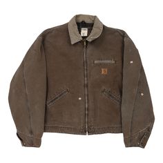 Description:Vintage brown Carhartt jacket, fits xx-large.GENDER: mens CONDITION: good - marked on front and back.STYLE: jacketERA: 1990sCOLOUR: brownFABRIC: cotton blend Brown Carhartt Jacket, Body Adornment, Carhartt Jacket, Jacket Fits, Workwear Jacket, Brown Fabric, Brown Jacket, Men's Wardrobe, Vintage Brown