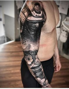 Japanese Tattoo Sleeve Samurai, Japanese Forearm Tattoo, Japanese Warrior Tattoo, Samurai Tattoo Sleeve, Samurai Warrior Tattoo, Black And Grey Sleeve, Guerriero Samurai, Temple Tattoo, Hope Tattoo