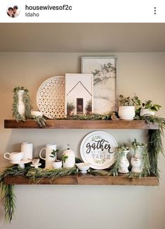 Green and white shelf shelves floating wood Jaco bean basket are decor decorative house plants art Floating Shelves Dining Room Wall Decor, Greenery On Shelves, Floating Shelf Dining Room Decor, Three Shelves On Wall Display, Dining Room Floating Shelf, Floating Shelf Dining Room Farmhouse, Shelf Decor Dining Room Wood Shelves, Dining Room Shelf Ideas