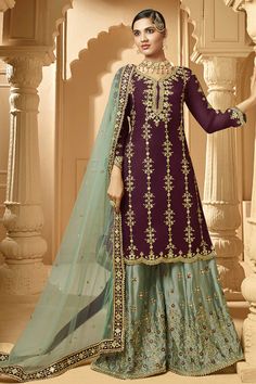 Product Features:   Top Fabric: Georgette Bottom Fabric: Georgette Dupatta Fabric: Chiffon Inner Fabric: Santoon Top Color: Wine Bottom Color: Sea Green Dupatta Color: Sea Green Bottom Style: Sharara Top Length: 44 Inches Bust Size: 38 to 44 Inches Bottom Size: 2.5 Meters Dupatta Size: 2.5 Meters Inner Length: 2 Meters Sleeves: Half Sleeve Work: Embroidered Occasion: Wedding Disclaimer: Color and Texture may have slight variation due to photography Indian Sharara Outfits Desi Wedding, Green Garara Dress, Sharara Top, Garara Dress, Blue Sharara, Pakistani Sharara, Sharara Dress, Georgette Sharara, Green Dupatta